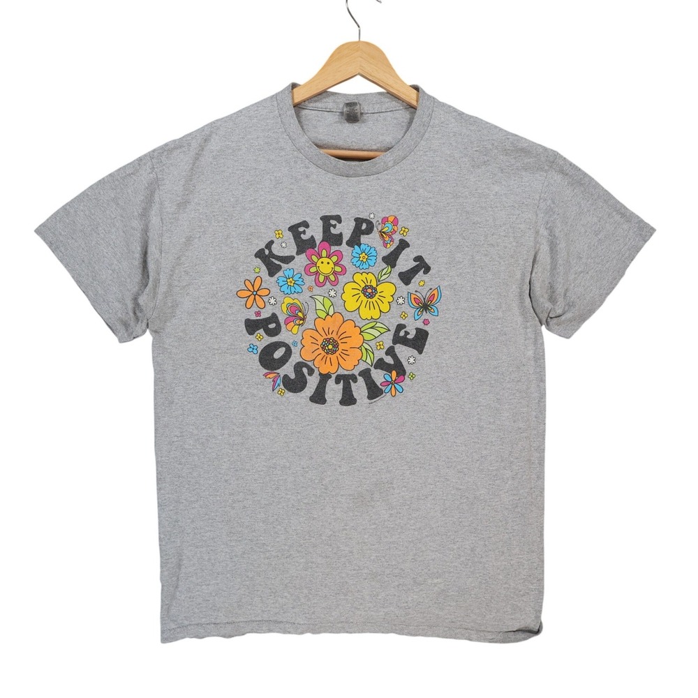 Gildan T-Shirt Mens XL Gray Cotton Blend Keep It Positive Floral Graphic Tee